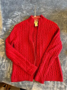 L.L. Bean Women's Bright Red Cable Zip-Up Cardigan